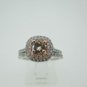14k White Gold .41ct Champagne Round Brilliant Cut Diamond Ring with Rose Gold Double Halo and Wedding Band Ring Size 5 3/4
