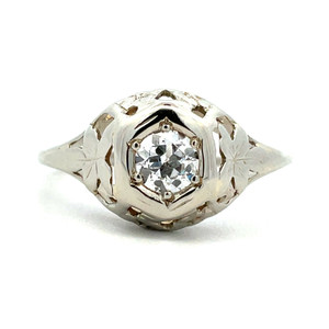 Vintage 14k White Gold Approx .25ct European Cut Diamond Ring with Filigree Accenting Size 5 3/4