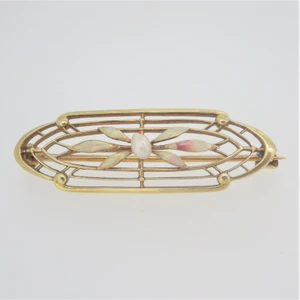Vintage 14k Yellow Gold Art Deco Style Enameled Oblong Pin w Seed Pearl Accent