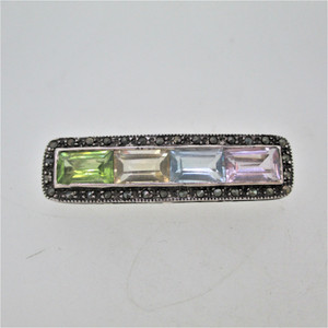 Sterling Silver Marcasite Colored Crystals Rectangle Pin Brooch