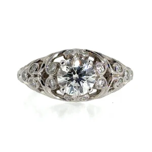 14k White Gold John Bagley GIA Certified 1.03ct Round Brilliant Cut Ring with Filigree and Diamond Accents Size 7