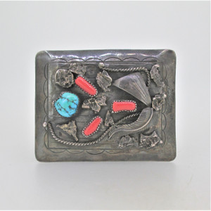 Unmarked Sterling Silver Feather Stamp Work Coral Turquoise Belt Buckle Signed Steven B
