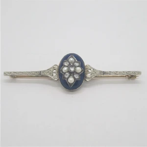 14k White Gold Antique Ladies Lapis Seed Pearl & Mine Cut Diamond Brooch Pin