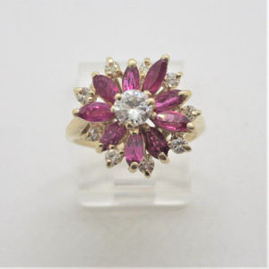 14k Yellow Gold Approx .40ct TW Diamond & Marquise Cut Rubies Fashion Ring Sz 6