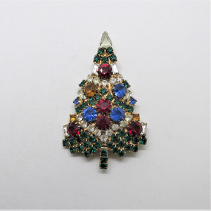 Eisenberg Ice Gold Tone Multi Colored Various Sized Rhinestone Christmas Tree Pin Brooch