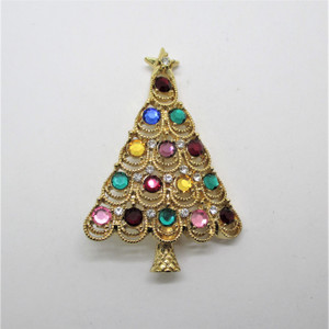 Eisenberg Ice Gold Tone Multicolored Rhinestone Christmas Tree Pin Brooch