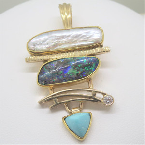 14k Yellow Gold Designer Signed Modern Abstract Multi Stone Enhancer Pendant