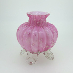 Spangled Spatter Cased Art Glass Footed Ribbed Melon Bud Vase Pink White Clear