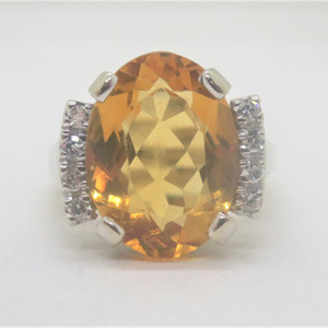 14k White Gold Bristol Large Oval Cut Citrine with Diamond Accents Ring Sz 7 3/4