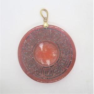 14k Yellow Gold & Carnelian Carved Chinese Zodiac Sheep Goat Medallion Pendant