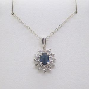 14k White Gold Oval Sapphire & Diamonds Pendant on 19" Speidel Necklace Chain