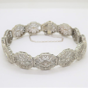 Art Deco 10k White Gold Filigree Bracelet with Diamond Accents & Safety Chain