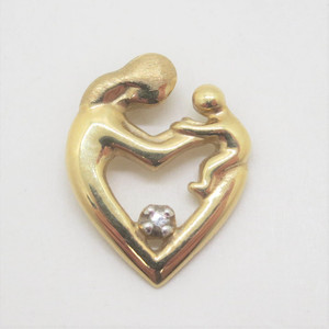 10k Yellow Gold Mother and Child Charm Heart Slide Pendant with Diamond Accent