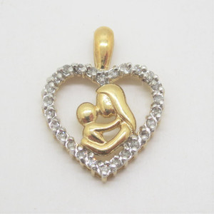 10k Yellow Gold ZRW Signed Mother and Child Heart Pendant with Diamond Accents