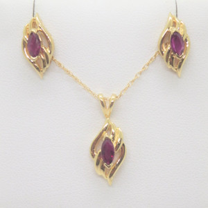 14k Yellow Gold Marquise Cut Ruby Stud Earrings & Necklace Set
