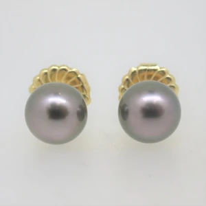 14k Yellow Gold Imperial Signed Silver Grey Pearl Stud Earrings