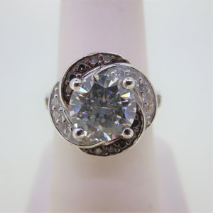 Sterling Silver Two Toned Brown and Silver Ring with Clear CZ Size 6 3/4