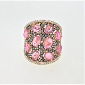 18K Yellow Gold Oval Pink Sapphire Cluster Diamond Halos Fashion Ring Size 7