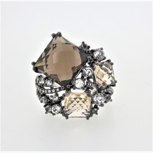 14K White Gold Black Rhodium Checkerboard Cut Smoky Quartz White Topaz Cluster Fashion Ring Sz 6.5
