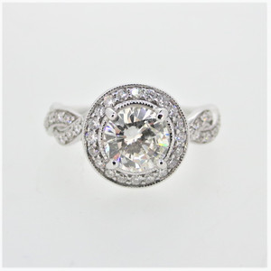14K W Gold GIA Cert 1.0ct Round Brilliant Diamond Halo Twisted Band Engagement Ring Size 6.5