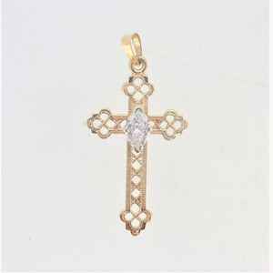 14K Yellow Gold Open Work Cross Hatch APP .50ct Marquise Diamond Cross Pendant