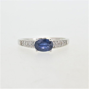 14K White Gold Oval Blue Sapphire Diamond Accented Band Fashion Ring Size 7.5