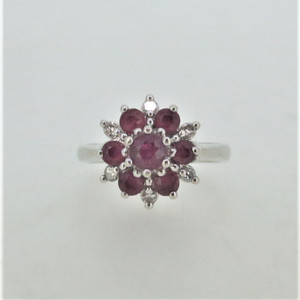 Vintage 14K White Gold Ruby and Diamond Flower Fashion Ring Size 7