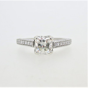 14K W Gold 1.04ct Cushion Cut Diamond Accented Crown Milgrain Detail Engagement Ring