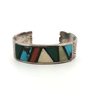 Sterling Silver Turquoise and Shell Zuni Inlaid South Western Style Cuff Bracelet