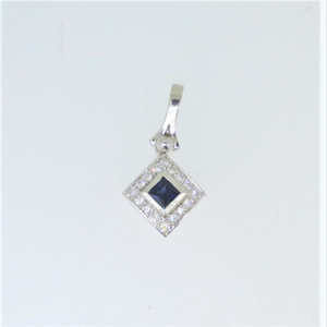 18K White Gold APP .50ct Princess Cut Sapphire APP 1/4cttw Diamond Accented Pendant