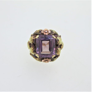 14K Yellow Gold Black Hills Gold Flower Leaves Amethyst Fashion Ring Size 7