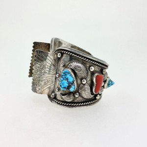 Tony Garcia Sterling Silver Turquoise Coral Watch Cuff Bracelet