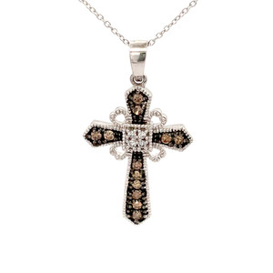 14K White Gold Brown and Brilliant Diamond Cross Pendant Necklace