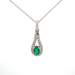 14K White Gold Emerald and Diamond Halo Drop Pendant Necklace