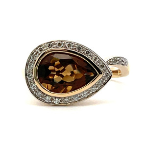 14K Yellow Gold Pear Cut Smokey Quartz Diamond Ring Size 6.5