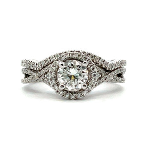 14K W Gold GIA Cert 0.94 ct Round Halo Diamond Engagement Wedding Set Sz 7