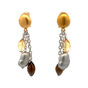Roberto Coin 18K 2 Tone Gold Citrine & Smokey Topaz Double Strand Nugget Dangle Earrings