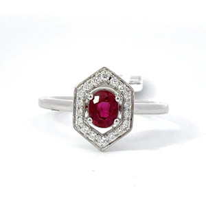 14K W Gold .87 Oval Ruby AP ⅜ CTTW Round Diamonds Halo Hexagon Ring Size 6.25 14K W Gold .87 Oval Ruby AP ⅜ CTTW Round Diamonds Halo Hexagon Ring Size 6.25