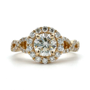 14K Y Gold GIA Cert .89 CT Brilliant Cut Diamond Halo Twist Design Engagement Ring Size 7