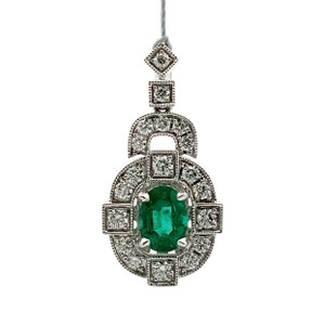 18K W Gold .92CT Emerald & .48TW Diamond Vintage Inspired Pendant
