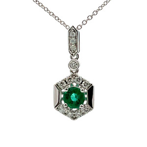 14K W Gold .38CT Emerald & 1/6TW Diamond Hexagon Necklace 18"