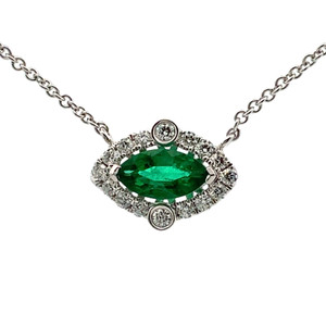 14K W Gold Marquise Shape .74CT Emerald & .30TW Diamond Halo Necklace 18"