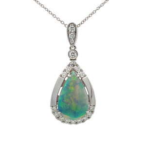 14K W Gold Pear Shaped 1.55CT Opal & .33TW Diamond Accent Necklace 18"