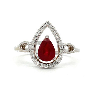 14K W Gold AP .75 CT Pear Ruby AP .17 CTTW Diamonds Halo Ring Size 6.75 14K W Gold AP .75 CT Pear Ruby AP .17 CTTW Diamonds Halo Ring Size 6.75