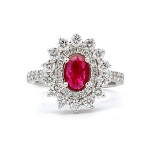 18K W Gold AP .76 CT Oval Ruby AP 1.05 CTTW Diamonds Halo Ring Size 6.5 18K W Gold AP .76 CT Oval Ruby AP 1.05 CTTW Diamonds Halo Ring Size 6.5