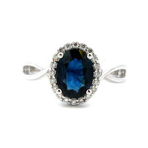 14K W Gold AP 1.48 CT 5 Oval Sapphire AP .12 CTTW Diamond Halo Ring Size 6.75 14K W Gold AP 1.48 CT 5 Oval Sapphire AP .12 CTTW Diamond Halo Ring Size 6.75
