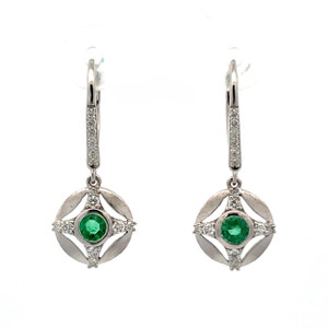14K W Gold Emerald .44 TW Diamond  .23 TW Leverback Drop Earrings