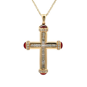 14K Yellow Gold 2.03TW Ruby .74TW Diamond Baguette Cross Necklace 16""