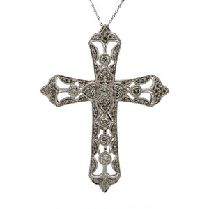 14K W Gold 2.11 TW Diamond Cluster Bead Set Design Cross Necklace 20"