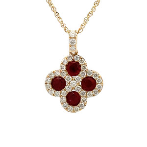 14K Y Gold Ruby .74TW & Diamond .40 TW Halo Clover Necklace 16"